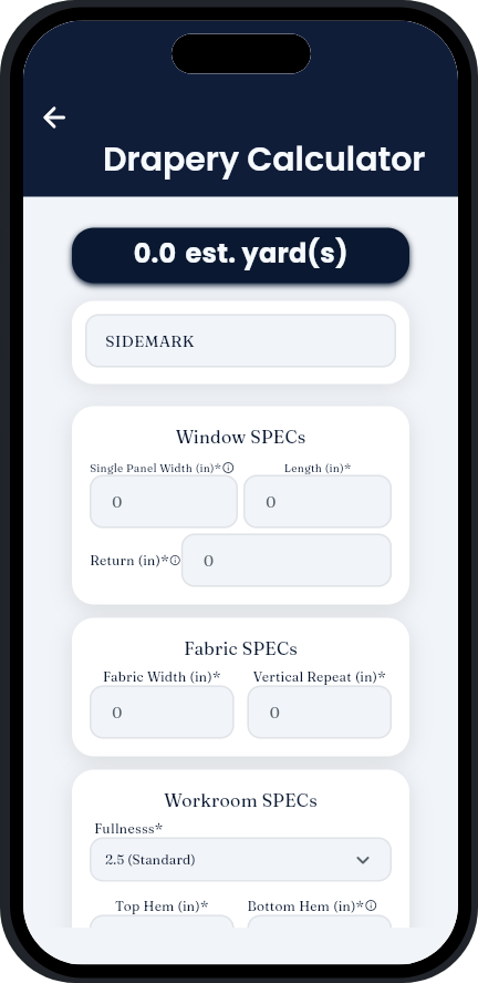 Drapery calculator screen